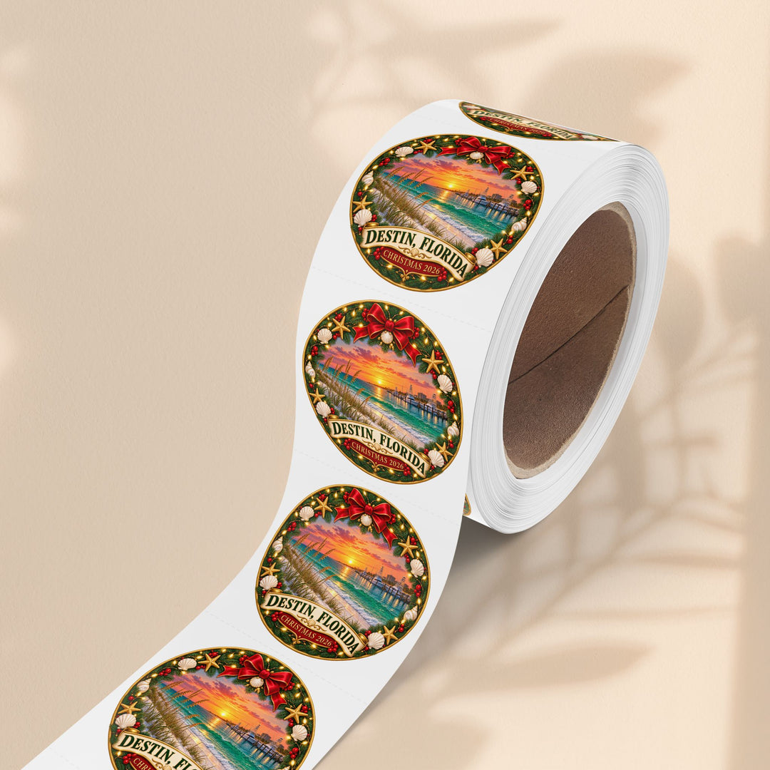 Destin, Florida Christmas Round Sticker Rolls – Holiday Beach Sunset Labels (Pack)
