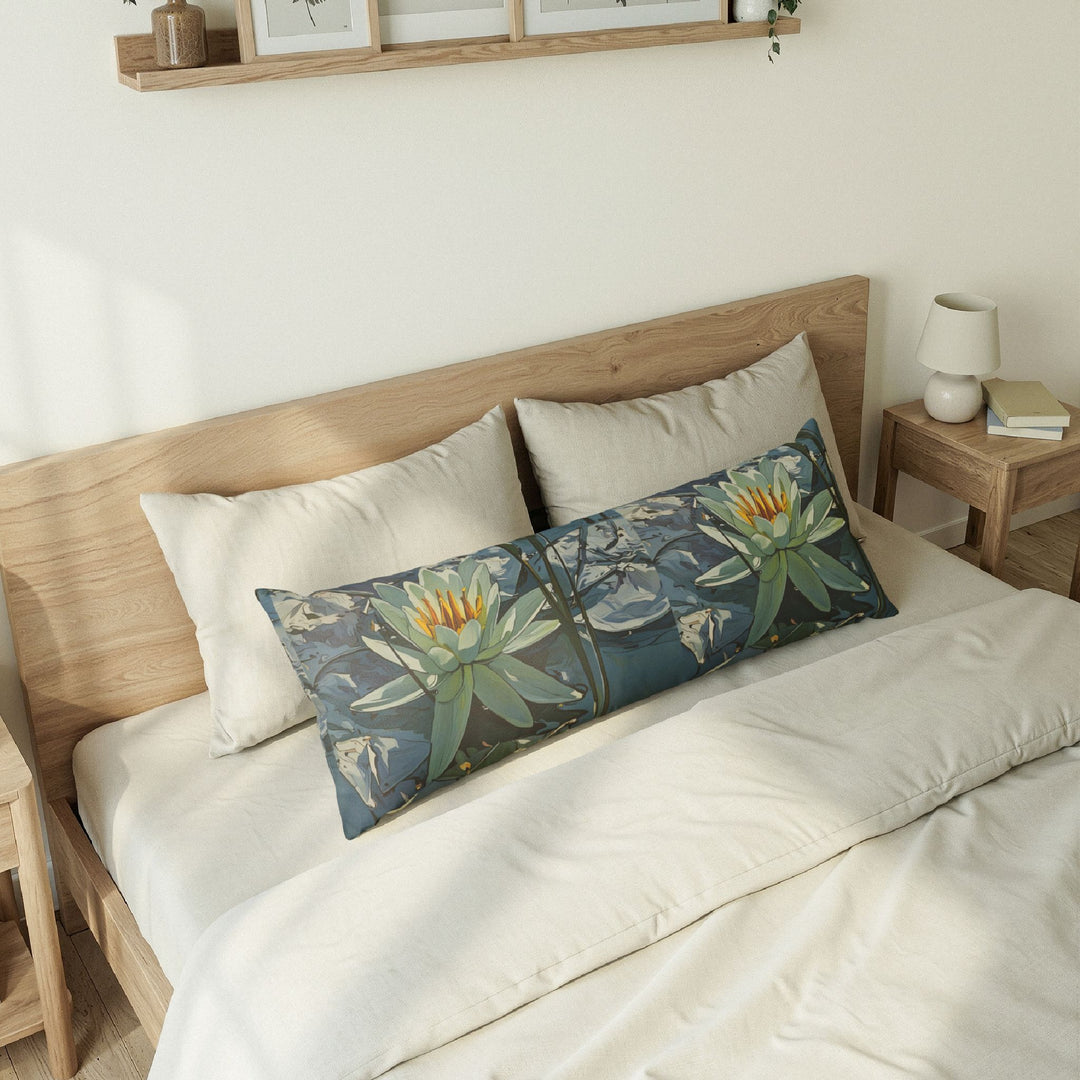 Lotus Watercolor Body Pillow — Serene Blue Floral Lumbar Support