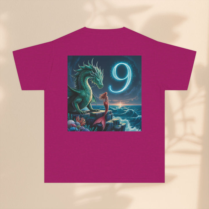 Age 9 Youth Midweight Tee featuring Magical Dragon and Number 9, Kids T-Shirt, Fantasy Apparel, Gift for Young Dreamers, Birthday Celebration Tee