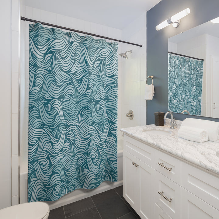 Wavy Teal Pattern Shower Curtain — Nautical Ocean-Inspired Bathroom Decor