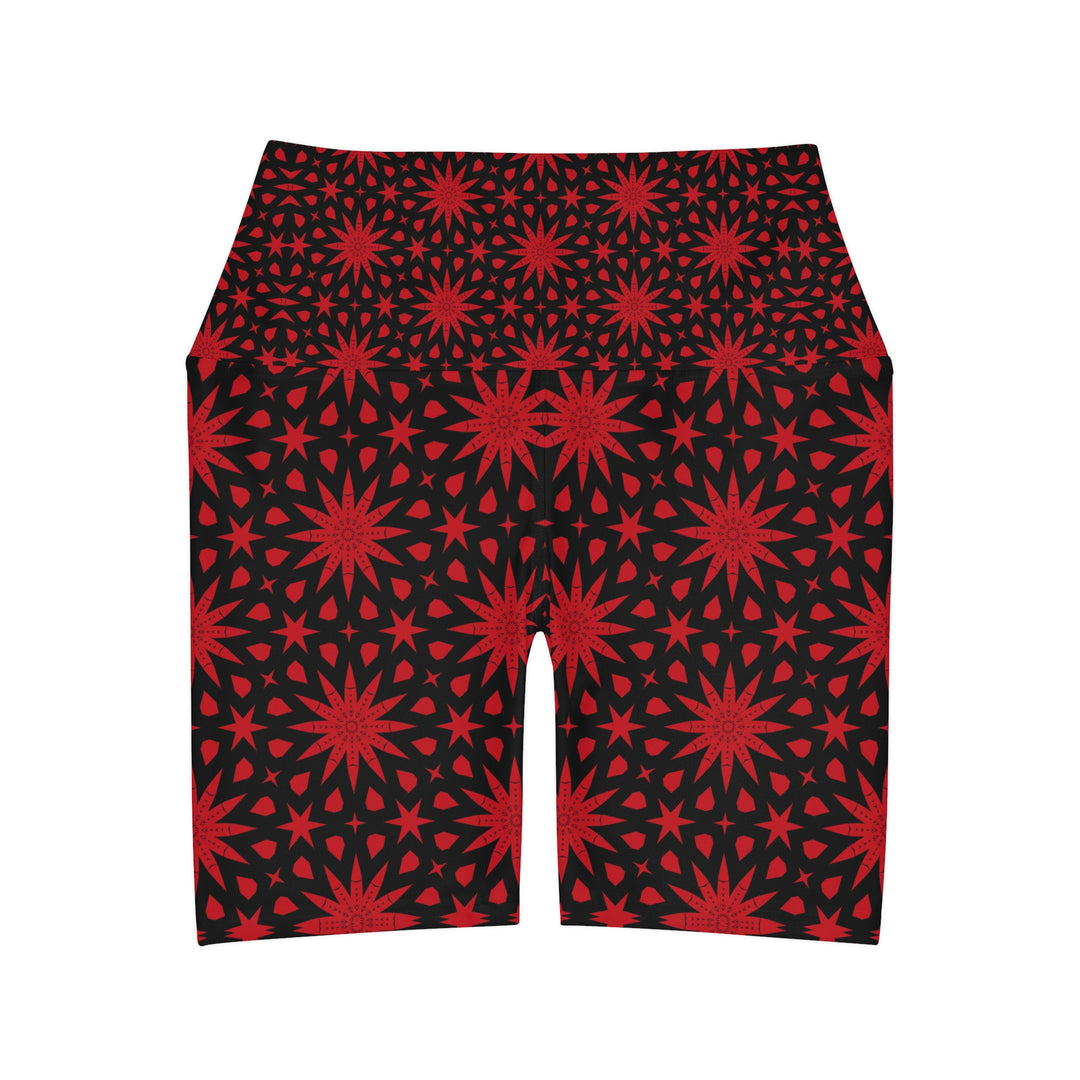 High Waisted Yoga Shorts - Red Spiral Star