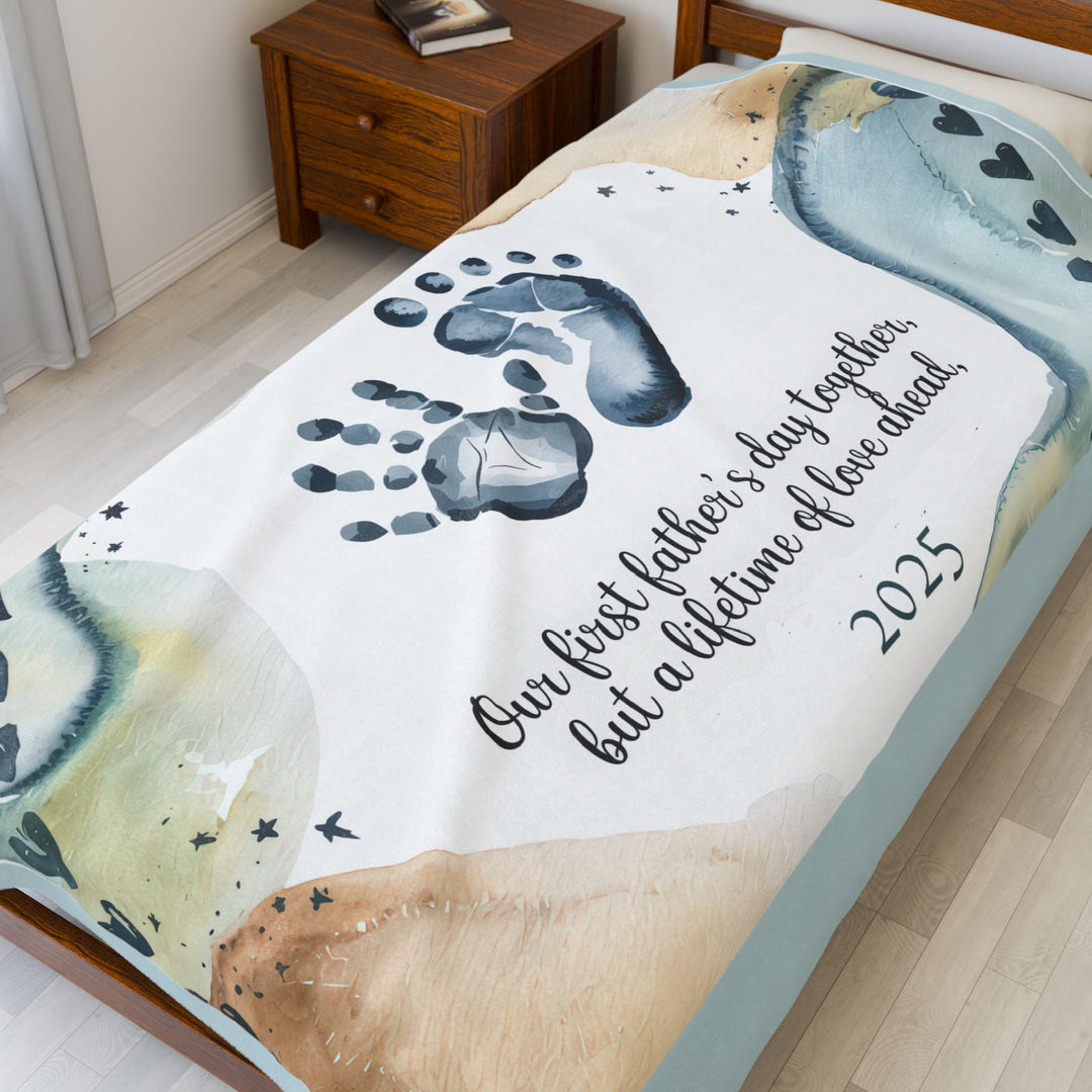 First Father's Day Velveteen Plush Blanket - Custom Handprint Design for Baby's First Year