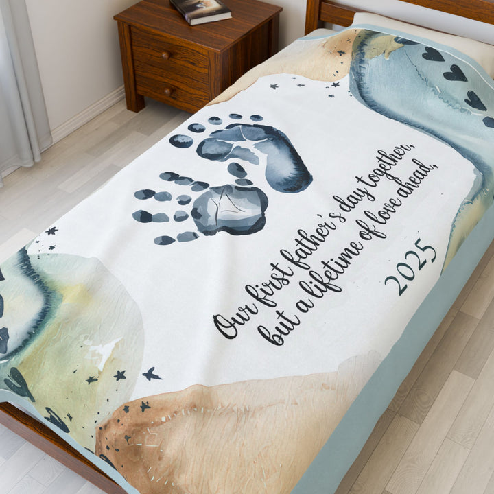 First Father's Day Velveteen Plush Blanket - Custom Handprint Design for Baby's First Year