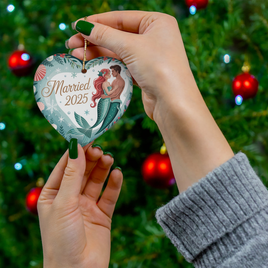 Married Mermaid 2025 Ceramic Ornament – Newlywed Christmas Tree Keepsake Gift