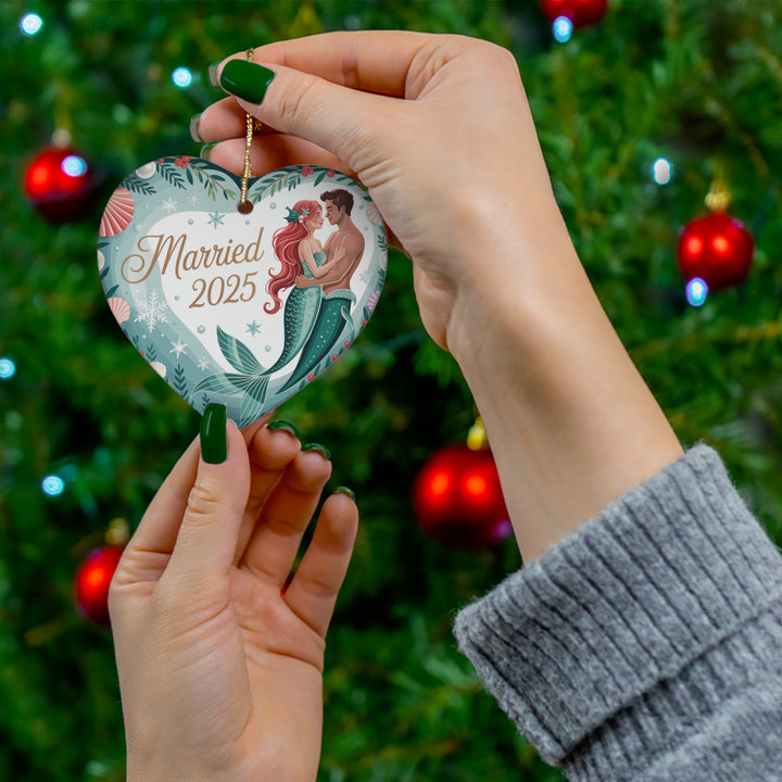 Married Mermaid 2025 Ceramic Ornament – Newlywed Christmas Tree Keepsake Gift