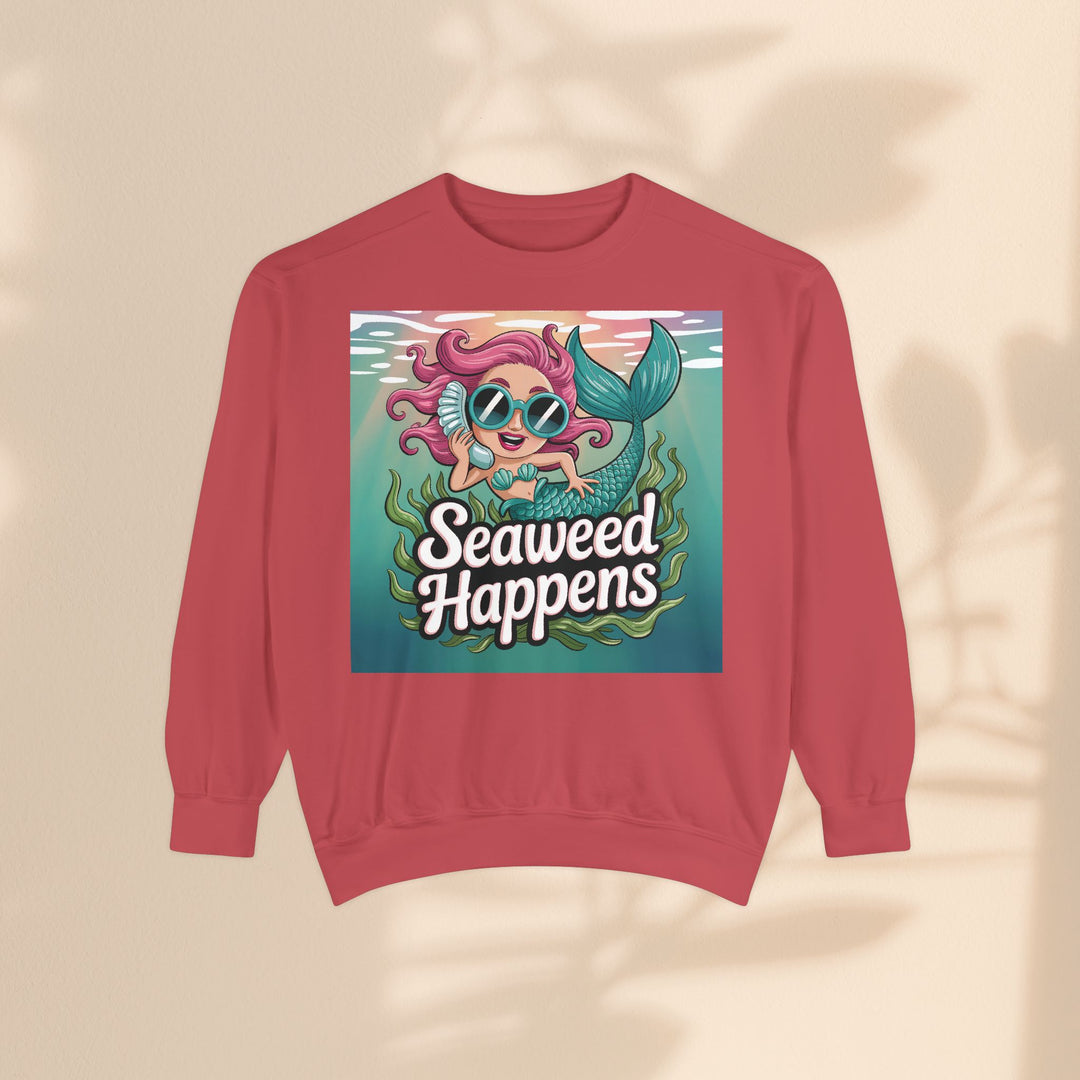Seaweed Happens Unisex Sweatshirt, Fun Beach Apparel, Ocean Lover Gift, Stylish Casual Wear, Cozy Mermaid Sweatshirt