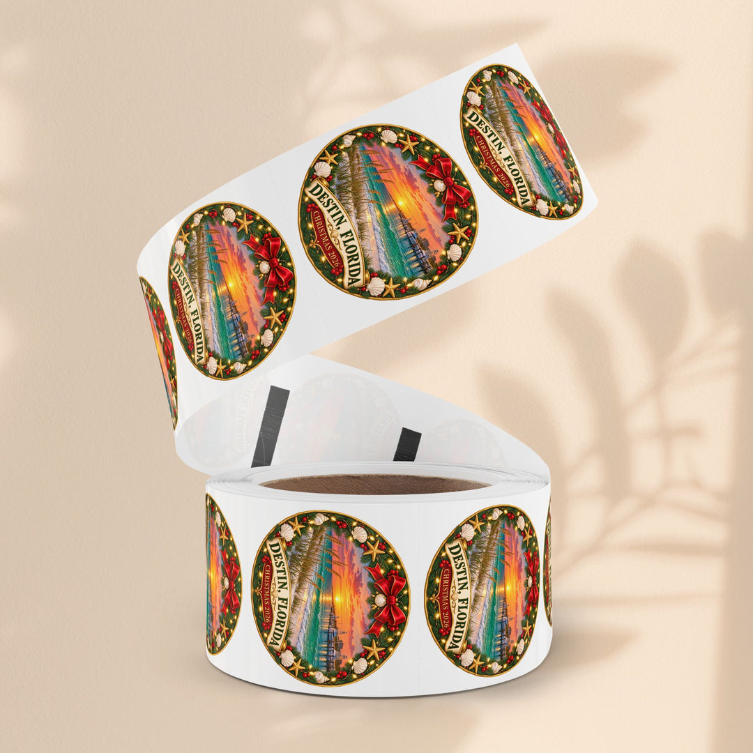 Destin, Florida Christmas Round Sticker Rolls – Holiday Beach Sunset Labels (Pack)