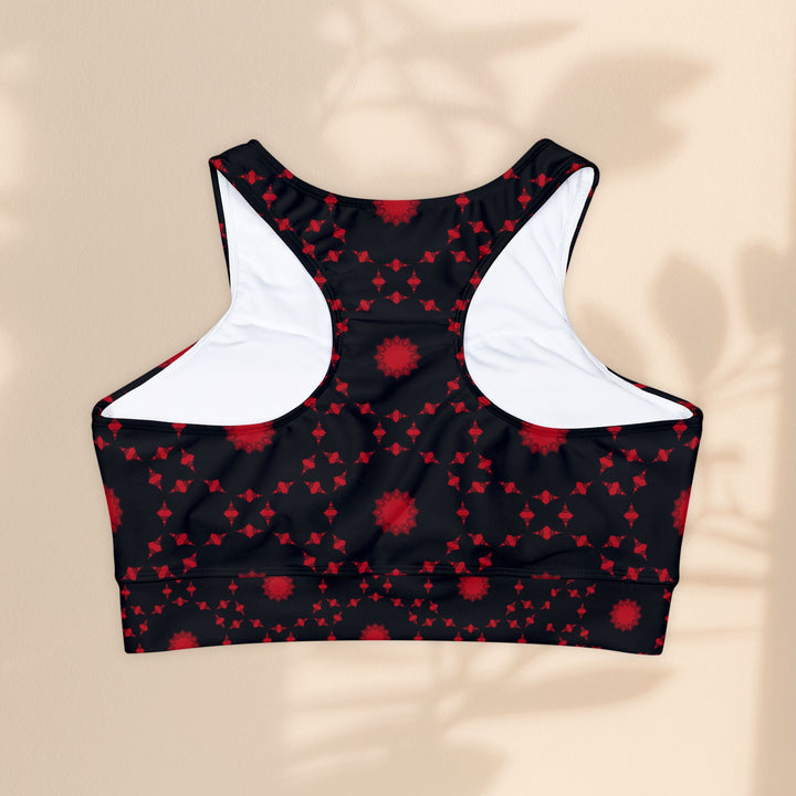 Fully Lined, Padded Sports Bra (AOP) - Black and Red Stars