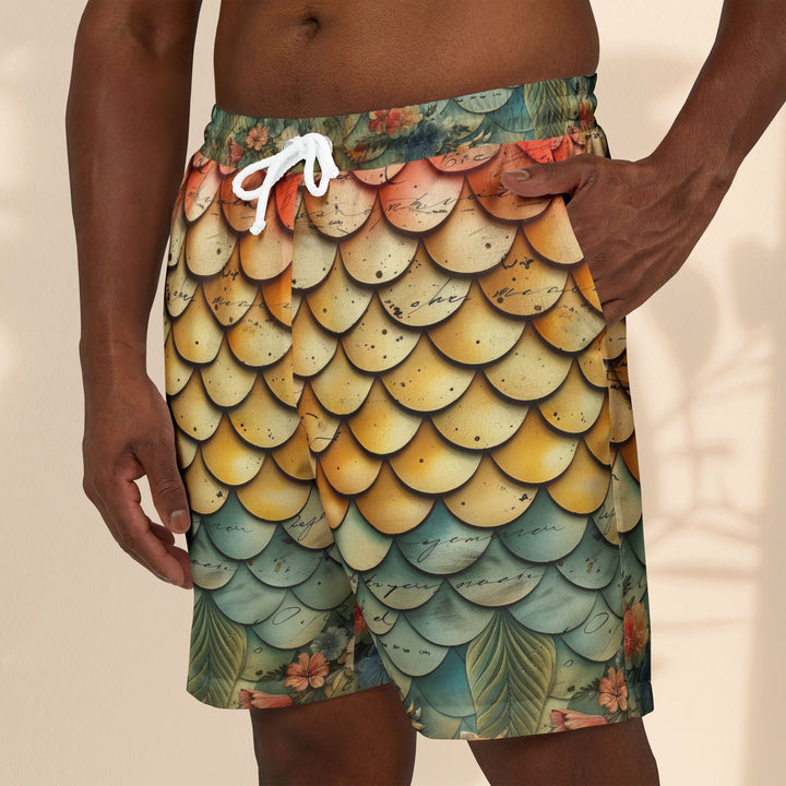 Vintage Floral Mer Scales Unisex Swim Shorts - Vibrant Beachwear for Summer Fun