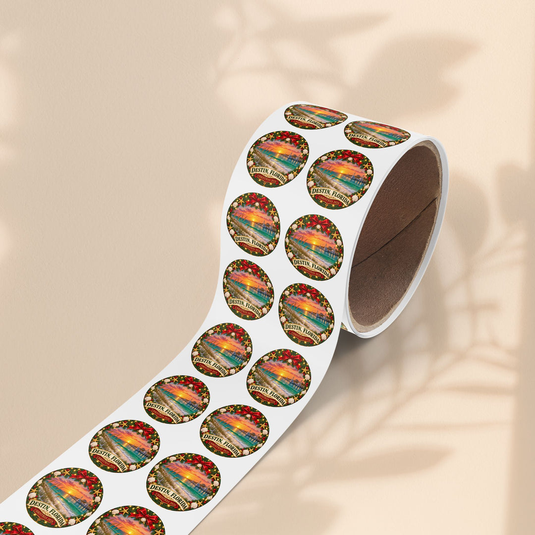 Destin, Florida Christmas Round Sticker Rolls – Holiday Beach Sunset Labels (Pack)