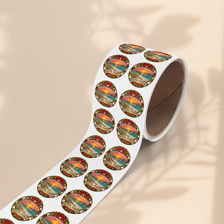 Destin, Florida Christmas Round Sticker Rolls – Holiday Beach Sunset Labels (Pack)