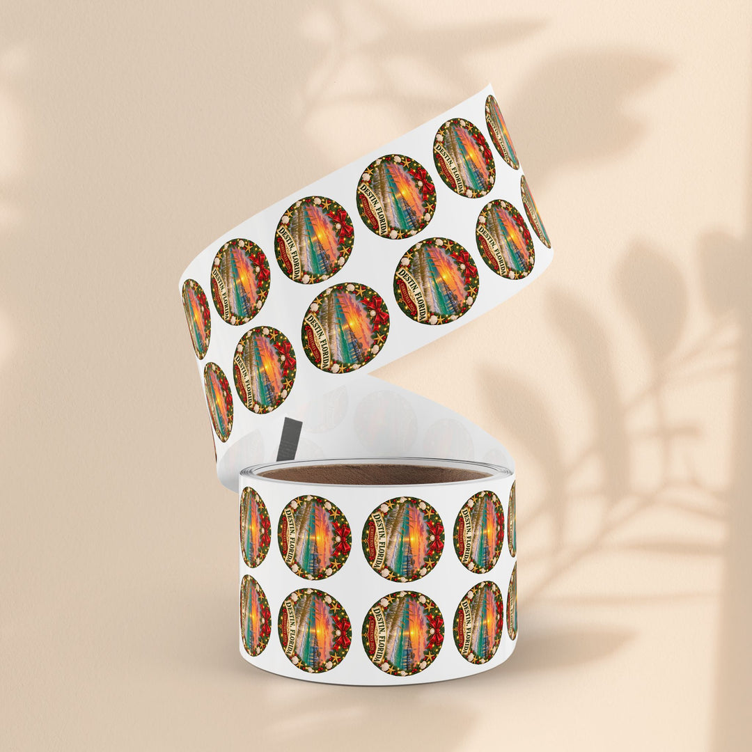 Destin, Florida Christmas Round Sticker Rolls – Holiday Beach Sunset Labels (Pack)