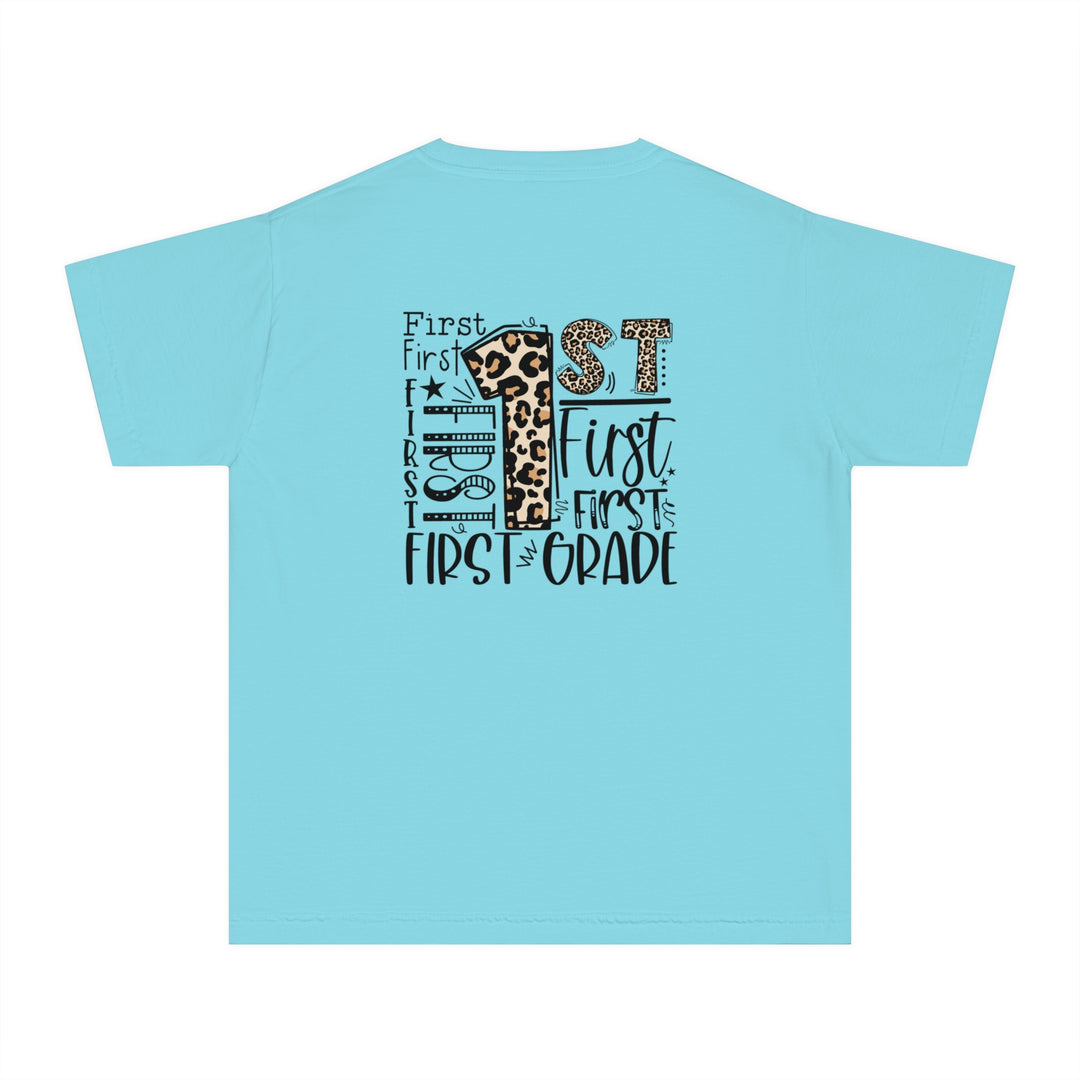 Leopard Print First Grade Youth Tee, Trendy Kids T-Shirt, Back to School Outfit, Gift for First Graders, Fun Learning Apparel