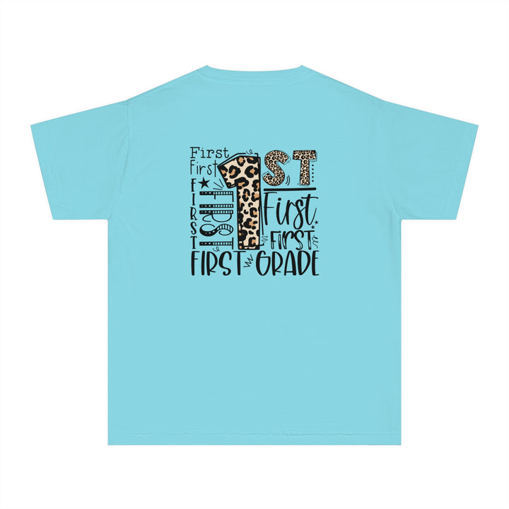 Leopard Print First Grade Youth Tee, Trendy Kids T-Shirt, Back to School Outfit, Gift for First Graders, Fun Learning Apparel