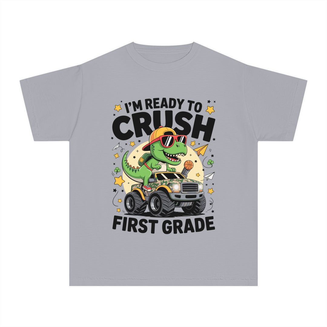 Youth Midweight Tee, Fun Dino T-Shirt, First Grade Shirt, Kids Birthday Gift, Back to School Apparel, Cute Graphic Tee, Dinosaur Print
