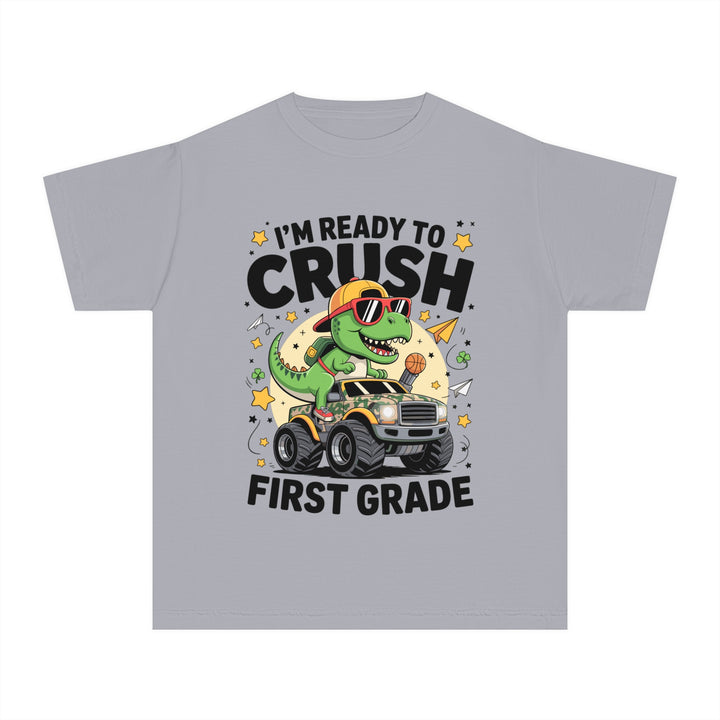 Youth Midweight Tee, Fun Dino T-Shirt, First Grade Shirt, Kids Birthday Gift, Back to School Apparel, Cute Graphic Tee, Dinosaur Print