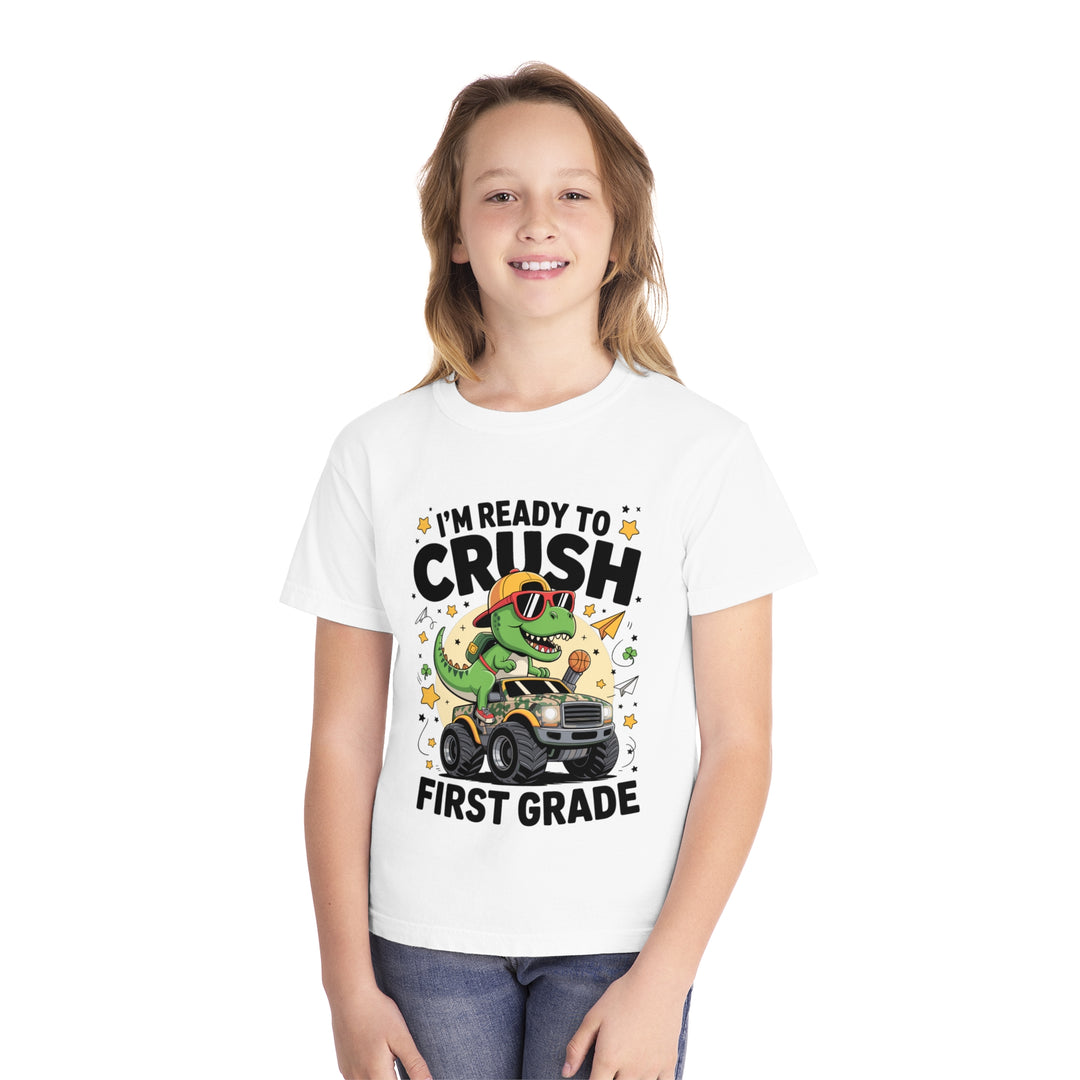 Youth Midweight Tee, Fun Dino T-Shirt, First Grade Shirt, Kids Birthday Gift, Back to School Apparel, Cute Graphic Tee, Dinosaur Print