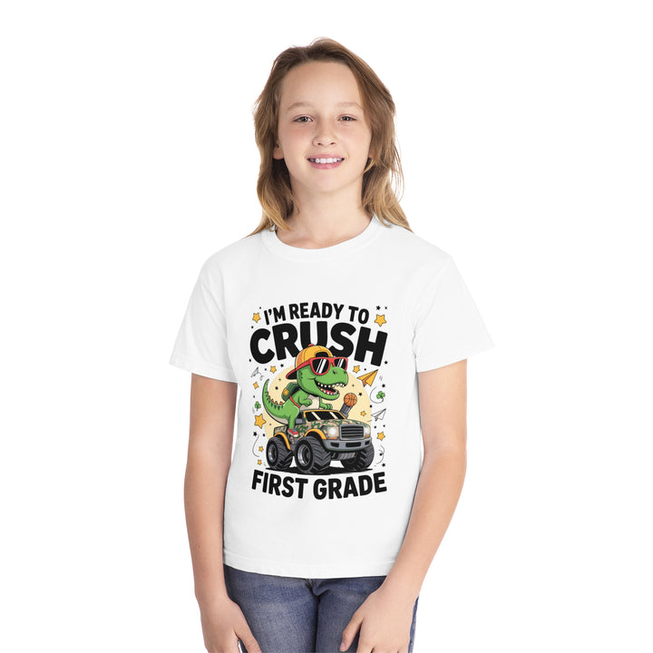 Youth Midweight Tee, Fun Dino T-Shirt, First Grade Shirt, Kids Birthday Gift, Back to School Apparel, Cute Graphic Tee, Dinosaur Print