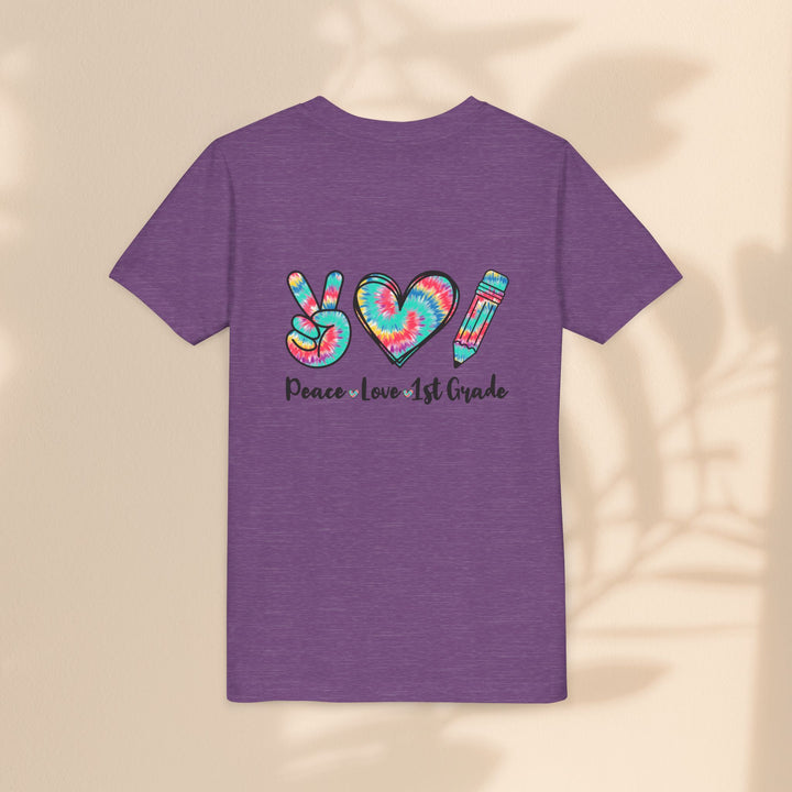 Peace Love 1st Grade Youth Tee, Tie-Dye Kids Shirt, Back to School Outfit, Child's Birthday Gift, Teacher Appreciation Gift