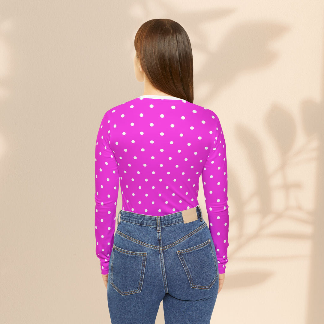 Polka Dot V-Neck Long Sleeve Shirt — Pink All-Over Print