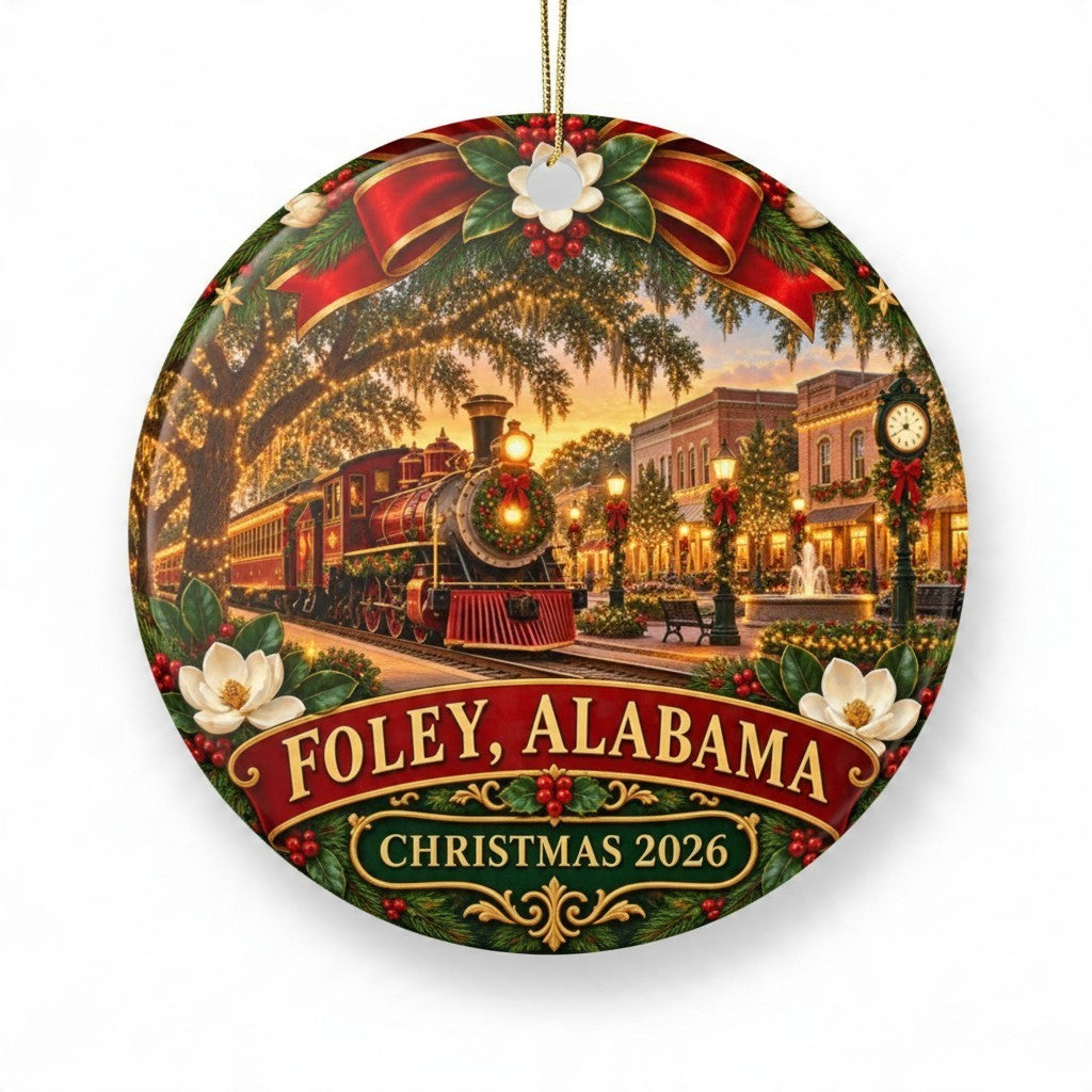 Sea Dragon Dreams ceramic ornament featuring a festive Foley Alabama Christmas 2026 train scene with holiday decor