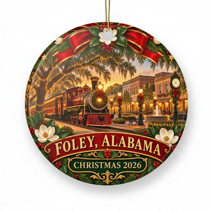 Sea Dragon Dreams ceramic ornament featuring a festive Foley Alabama Christmas 2026 train scene with holiday decor