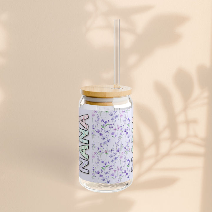 Personalized Nana Sipper Glass - 16oz Floral Design with Straw