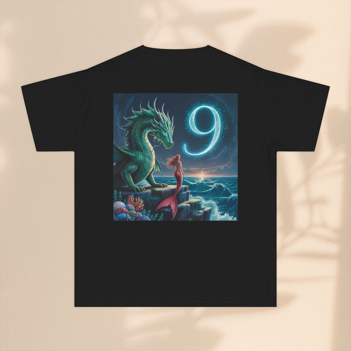 Age 9 Youth Midweight Tee featuring Magical Dragon and Number 9, Kids T-Shirt, Fantasy Apparel, Gift for Young Dreamers, Birthday Celebration Tee