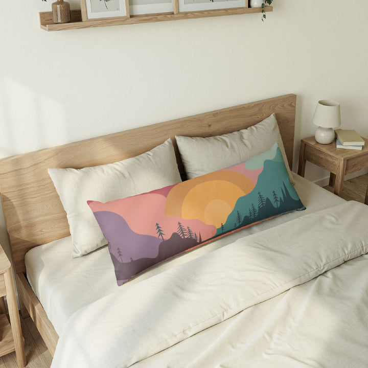 Sunset Mountain Landscape Body Pillow — Cozy Nature Decorative Lumbar Pillow