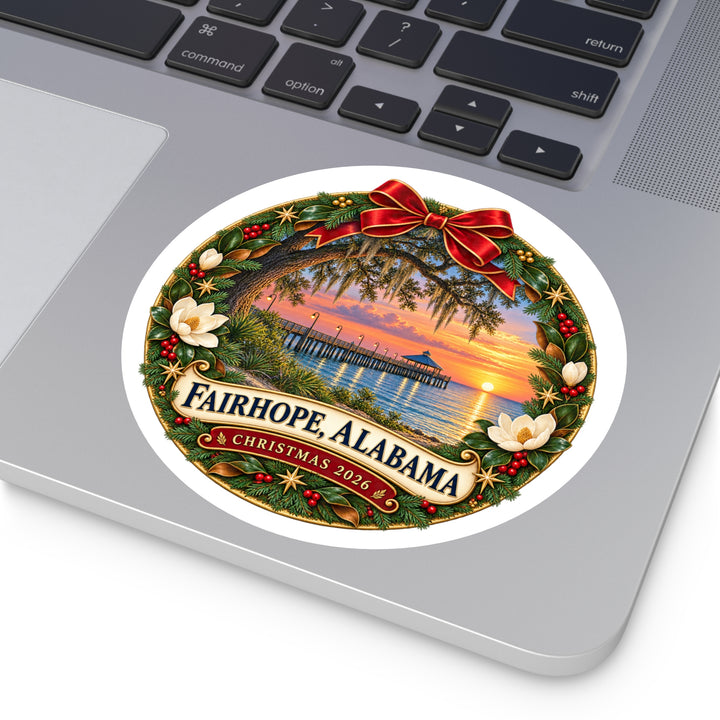 Fairhope Alabama Christmas Wreath Sticker – Holiday Bay Sunset