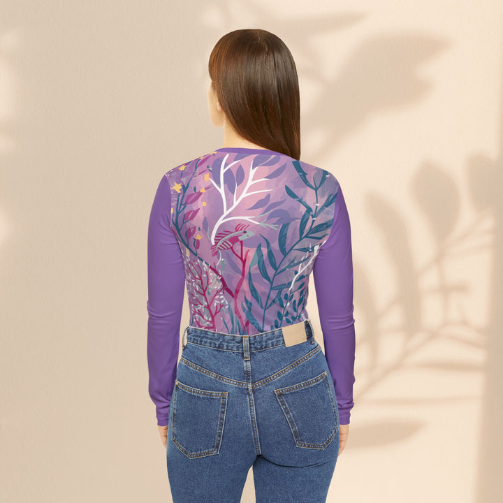 Floral V‑Neck Long Sleeve — Purple Botanical All‑Over Print Top