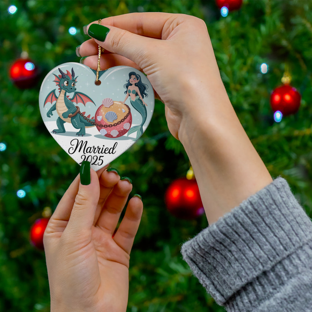 Mermaid & Dragon Married 2025 Ceramic Ornament – Fantasy Couple Christmas Keepsake