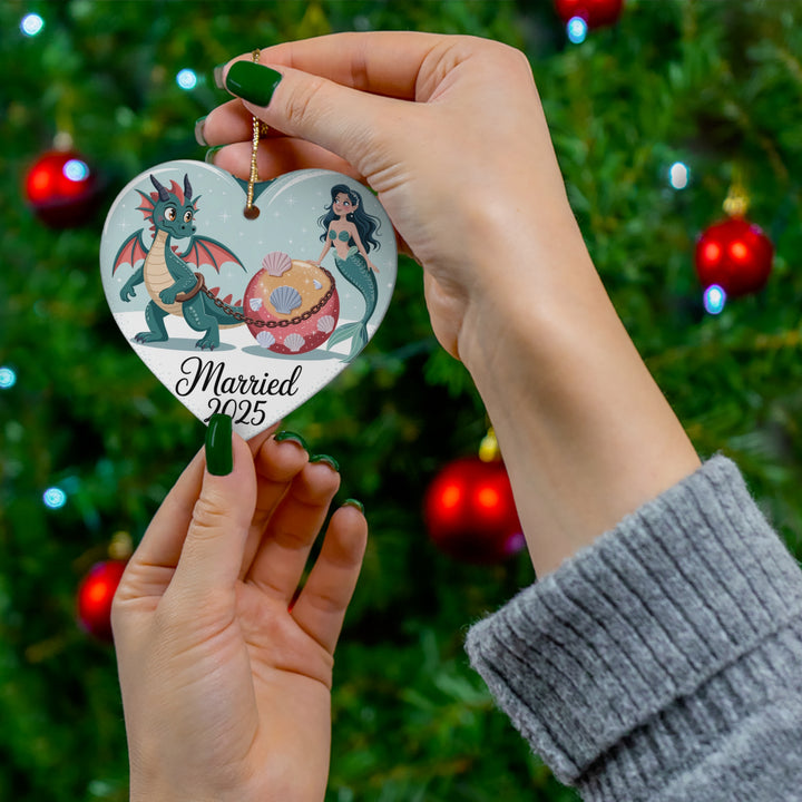 Mermaid & Dragon Married 2025 Ceramic Ornament – Fantasy Couple Christmas Keepsake