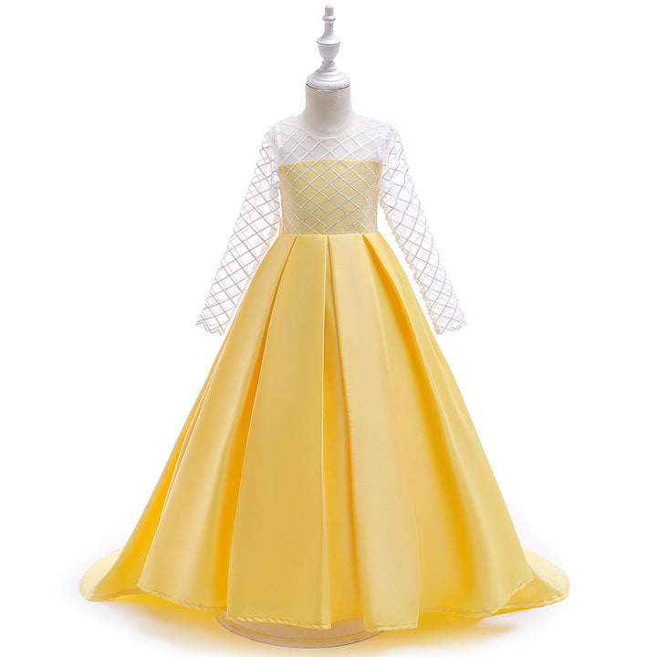 Girls’ Mesh Long-Sleeve Princess Dress with Elegant Train