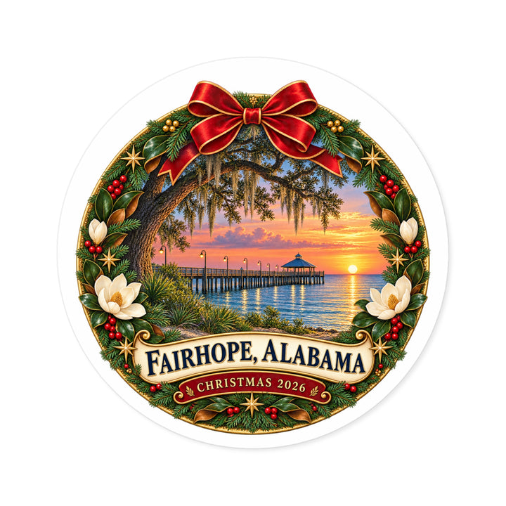 Fairhope Alabama Christmas Wreath Sticker – Holiday Bay Sunset