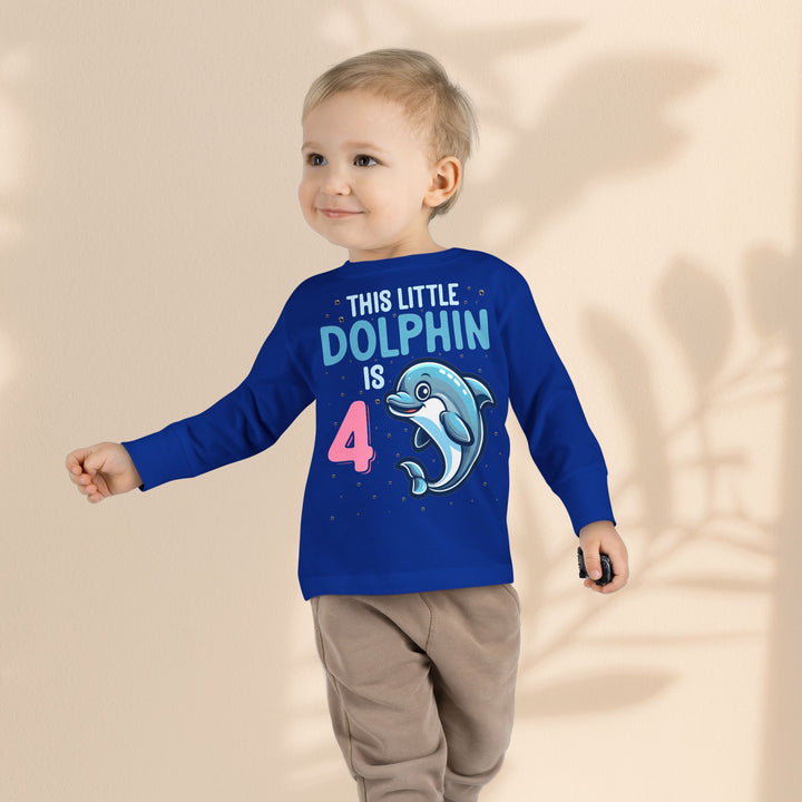 Dolphin Birthday Tee for 4-Year-Olds, Cute Dolphin Birthday Tee for Kids, Toddler Long Sleeve, 4th Birthday Gift, Ocean-Themed Shirt