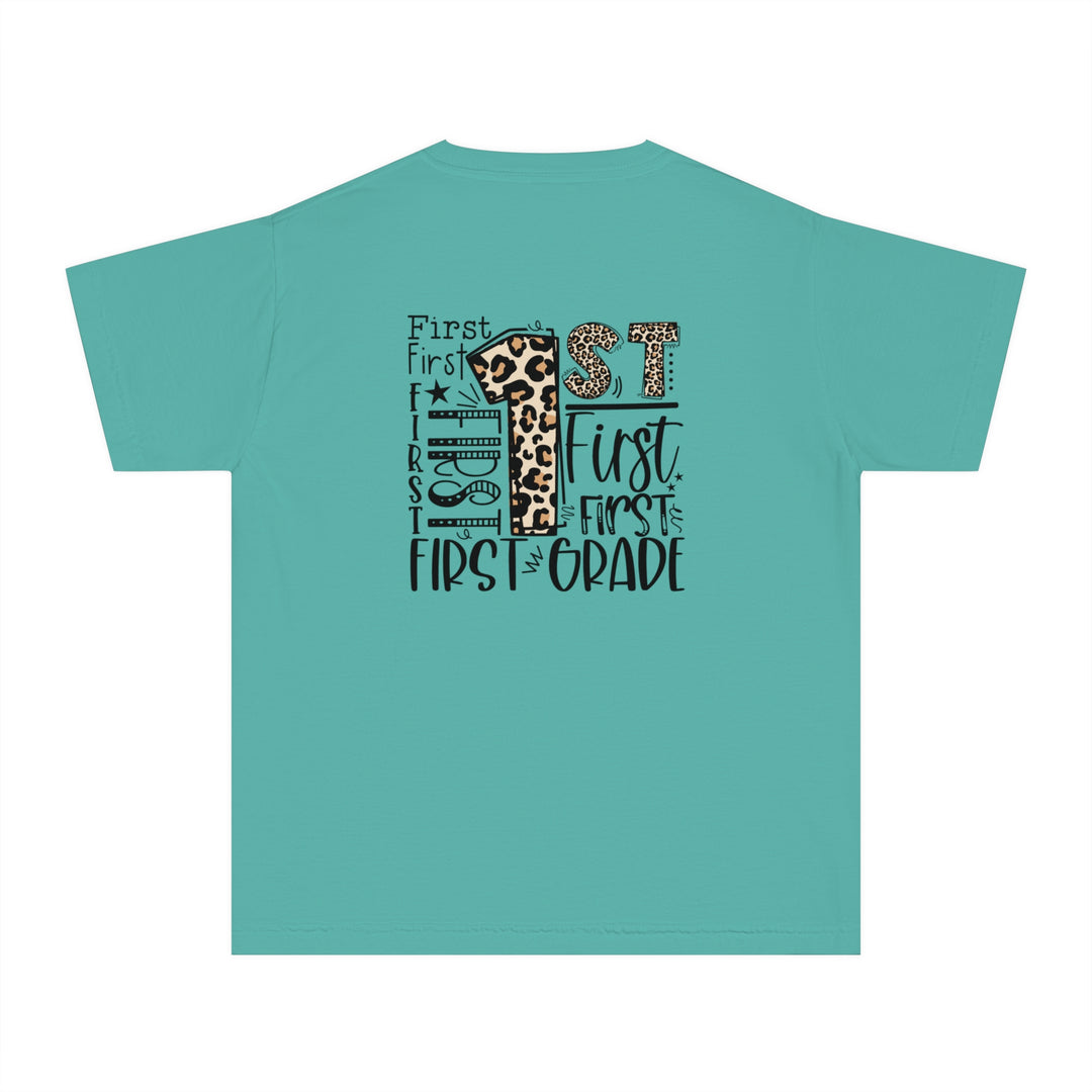 Leopard Print First Grade Youth Tee, Trendy Kids T-Shirt, Back to School Outfit, Gift for First Graders, Fun Learning Apparel