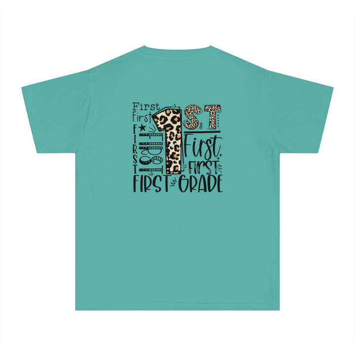 Leopard Print First Grade Youth Tee, Trendy Kids T-Shirt, Back to School Outfit, Gift for First Graders, Fun Learning Apparel