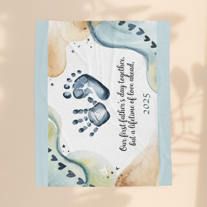 First Father's Day Velveteen Plush Blanket - Custom Handprint Design for Baby's First Year