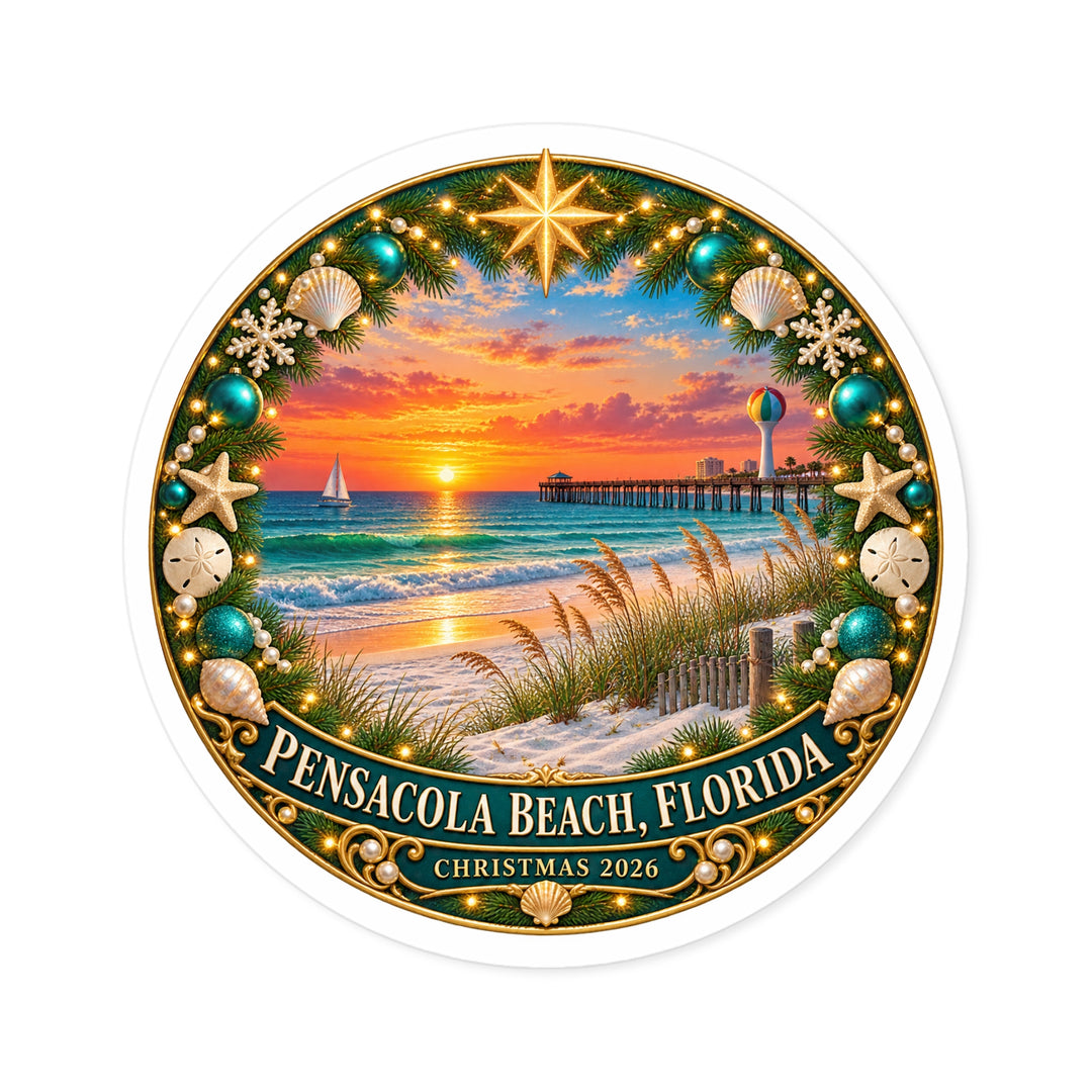 Pensacola Beach Christmas 2026 Round Sticker – Florida Sunset