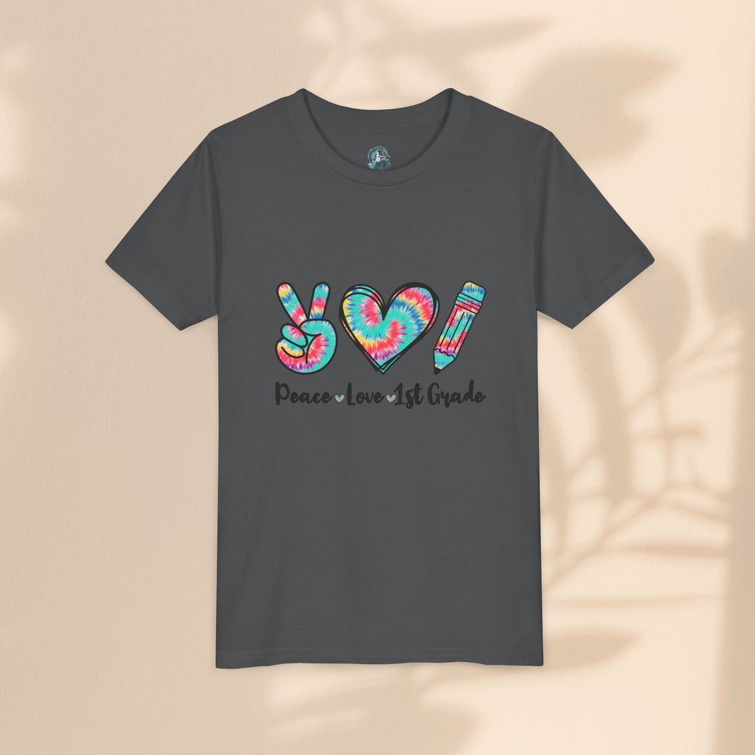 Peace Love 1st Grade Youth Tee, Tie-Dye Kids Shirt, Back to School Outfit, Child's Birthday Gift, Teacher Appreciation Gift