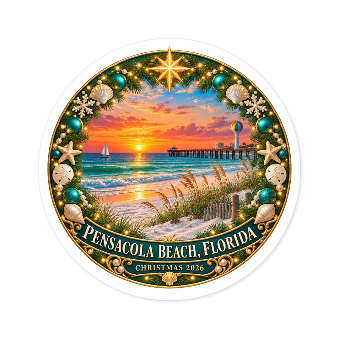 Pensacola Beach Christmas 2026 Round Sticker – Florida Sunset