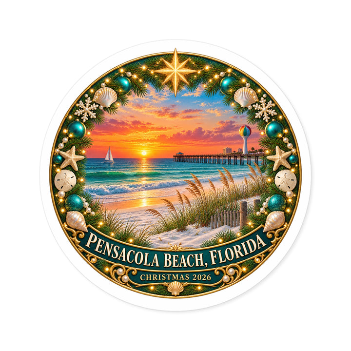 Pensacola Beach Christmas 2026 Round Sticker – Florida Sunset