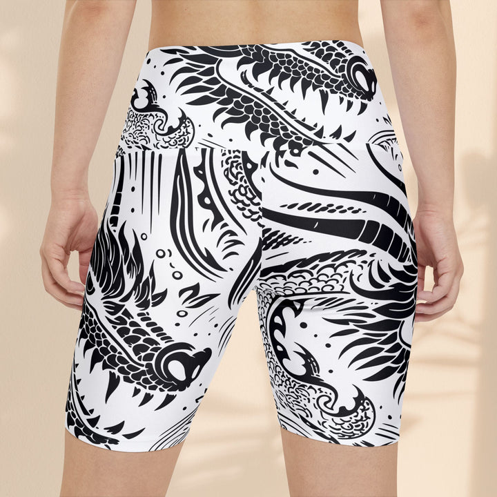 Workout Shorts - Black and White Dragon Print for Women