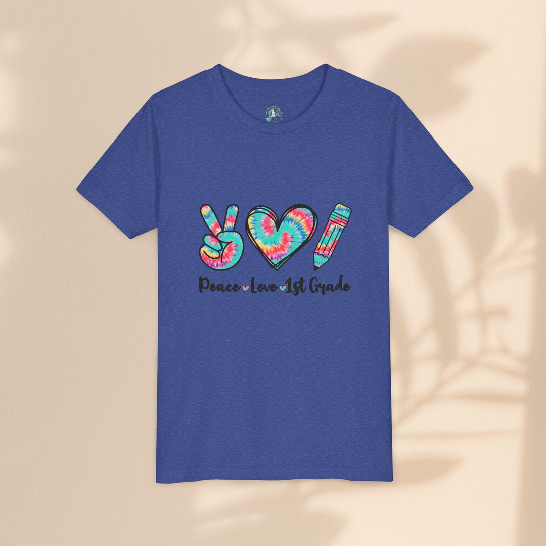 Peace Love 1st Grade Youth Tee, Tie-Dye Kids Shirt, Back to School Outfit, Child's Birthday Gift, Teacher Appreciation Gift