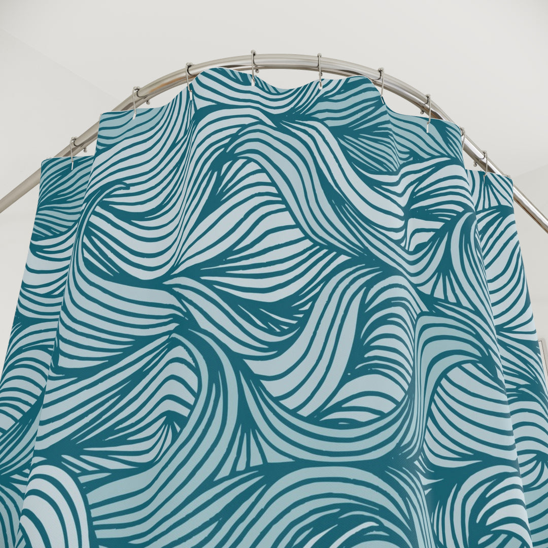 Wavy Teal Pattern Shower Curtain — Nautical Ocean-Inspired Bathroom Decor