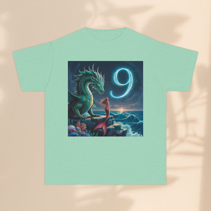 Age 9 Youth Midweight Tee featuring Magical Dragon and Number 9, Kids T-Shirt, Fantasy Apparel, Gift for Young Dreamers, Birthday Celebration Tee
