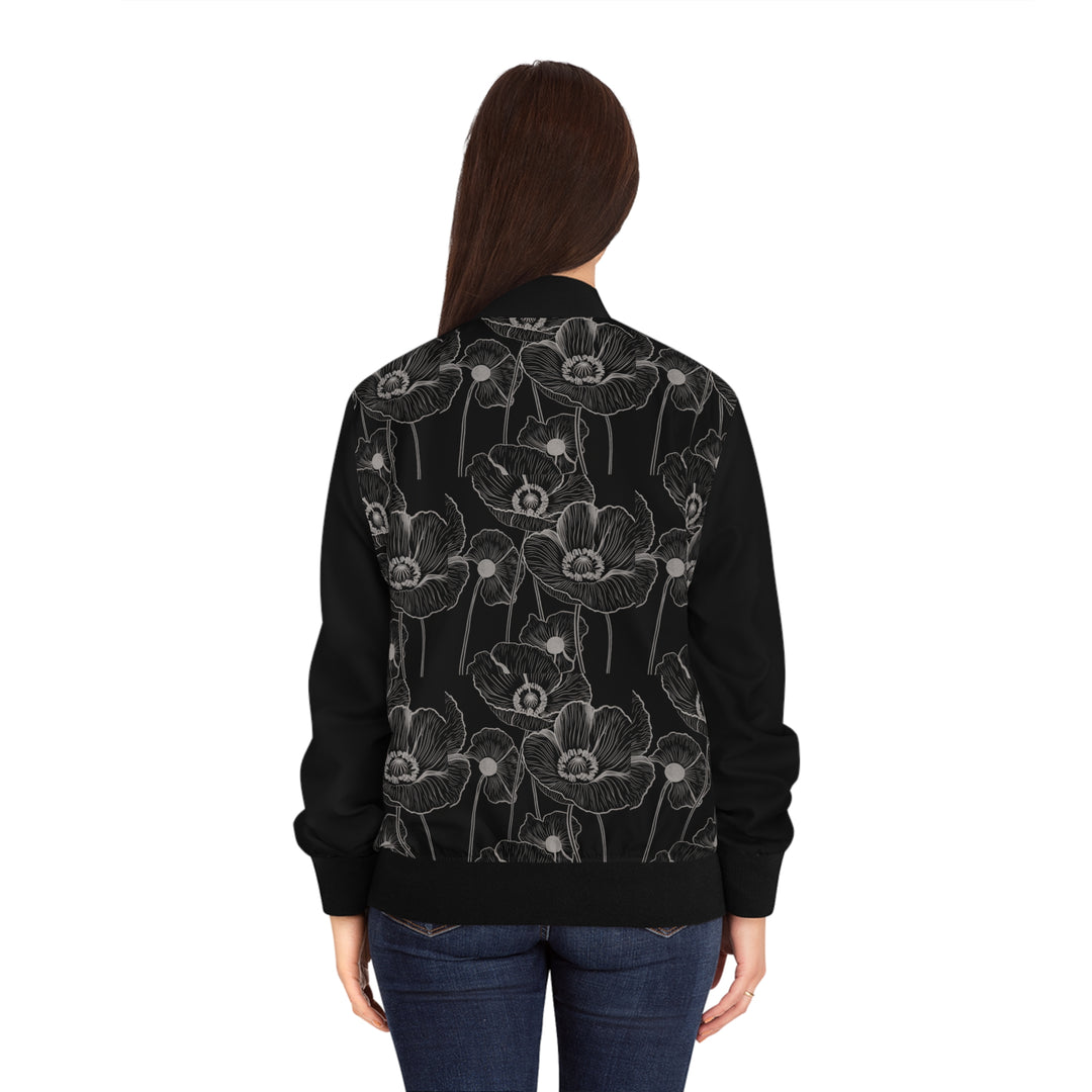 Women's Bomber Jacket - Black and White Flowers