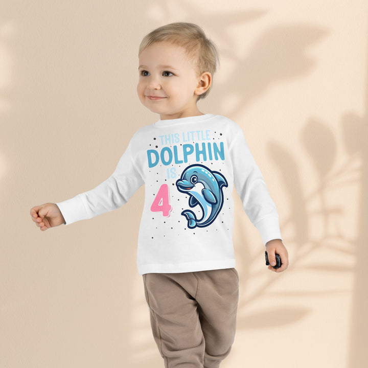 Dolphin Birthday Tee for 4-Year-Olds, Cute Dolphin Birthday Tee for Kids, Toddler Long Sleeve, 4th Birthday Gift, Ocean-Themed Shirt