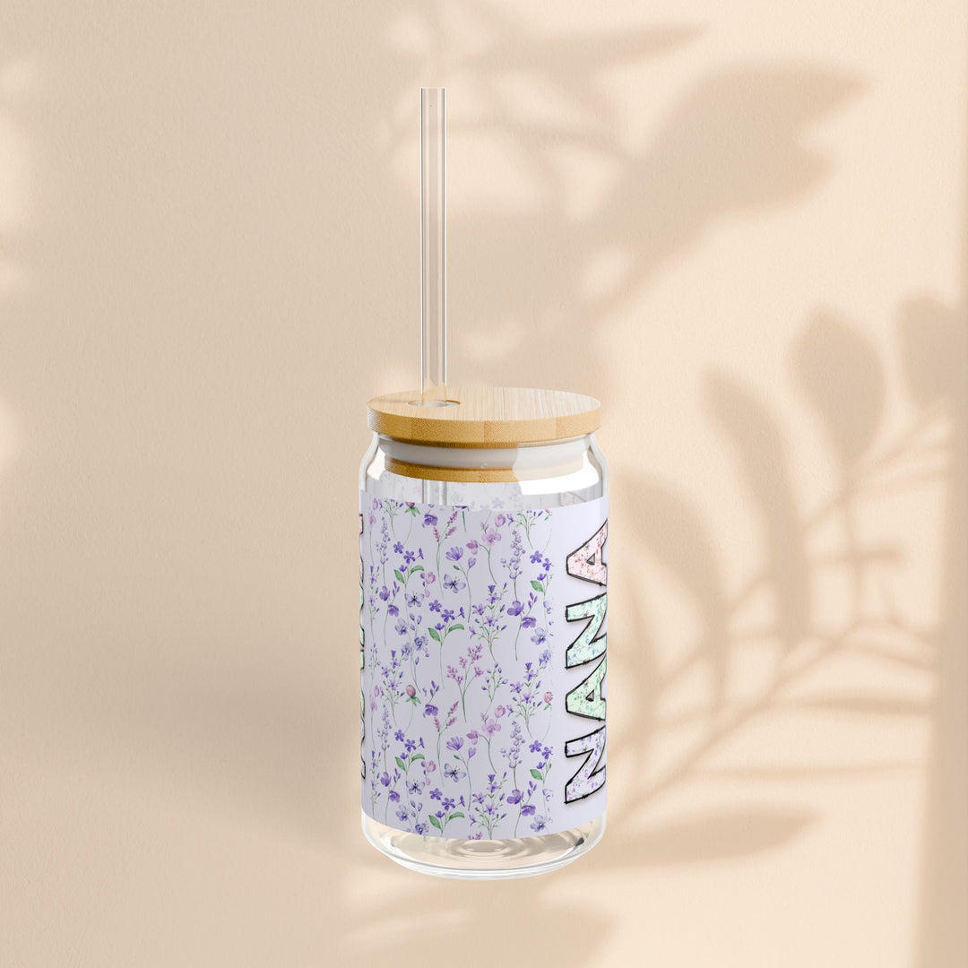 Personalized Nana Sipper Glass - 16oz Floral Design with Straw